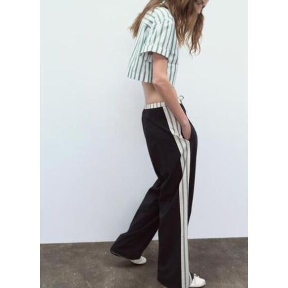 NWT ZARA STRIPED SIDE BAND PANTS Dark navy Ref 1255/405 - Picture 3 of 7